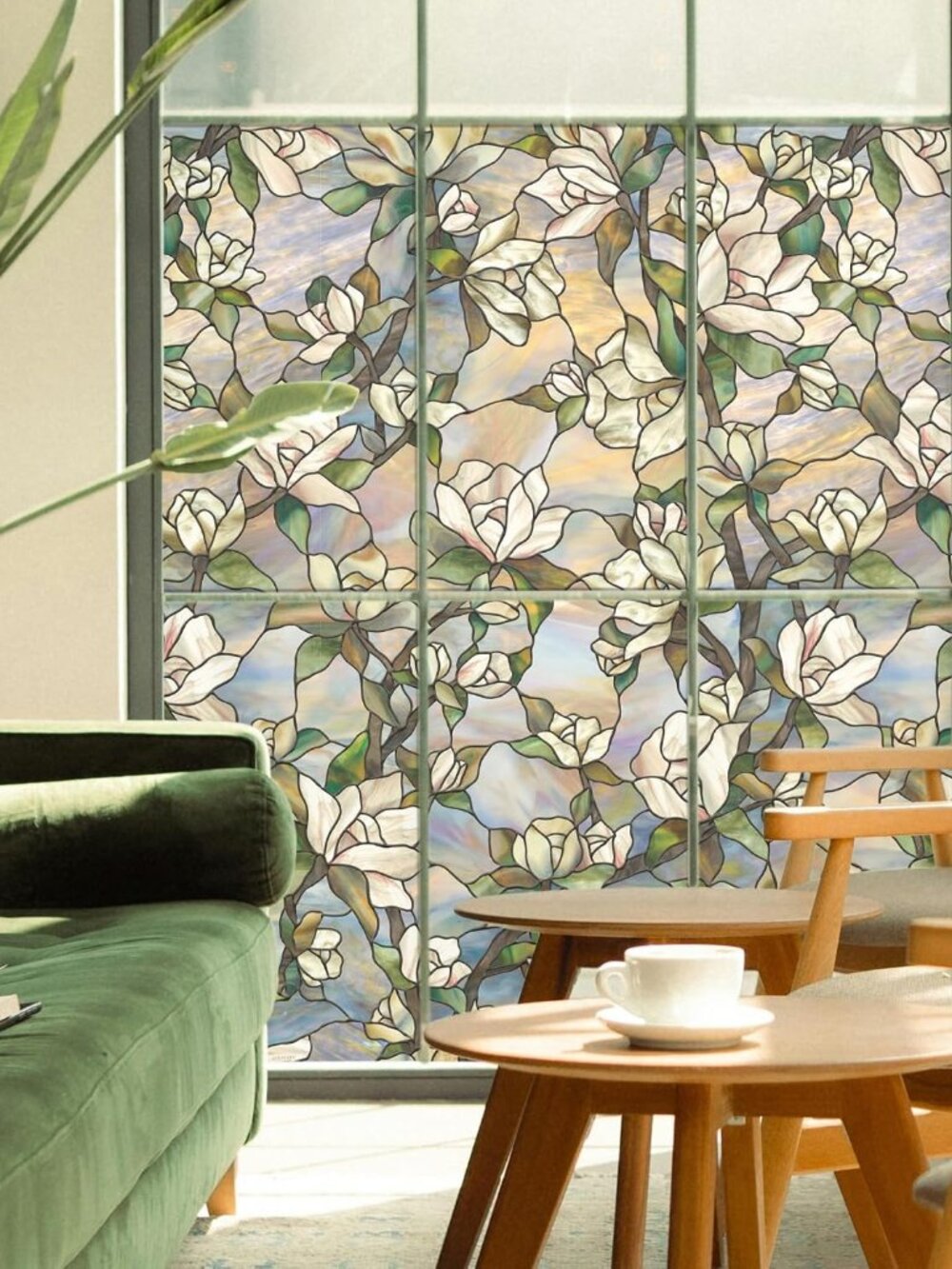 Star Magnolia Window Privacy Film by - Decorative Stained Glass Design, Static C